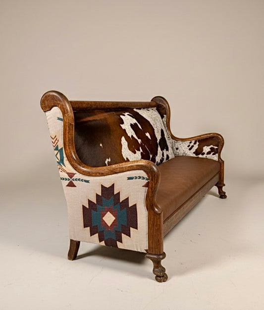 Cowhide & Leather Settee with Southwest Fabric Accents