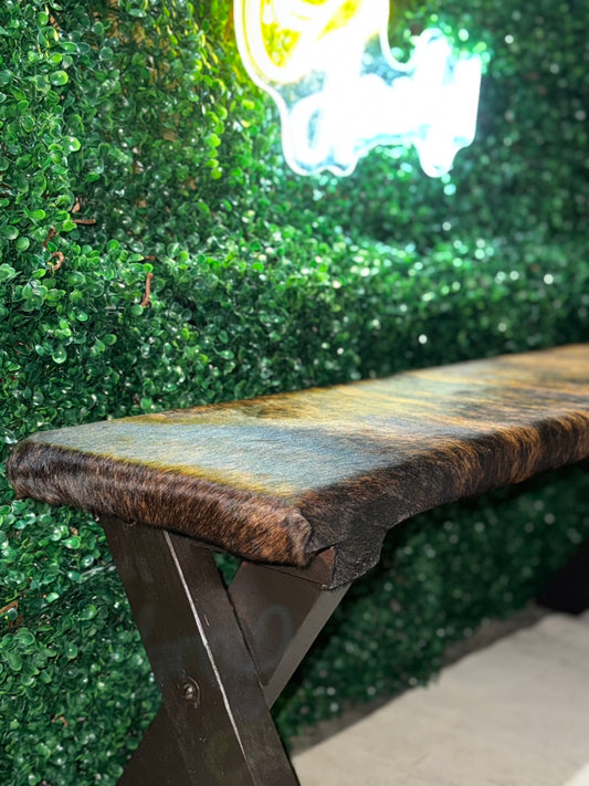 Brindle Cowhide Bench | Rustic Western Furniture | Handmade Entryway Seating