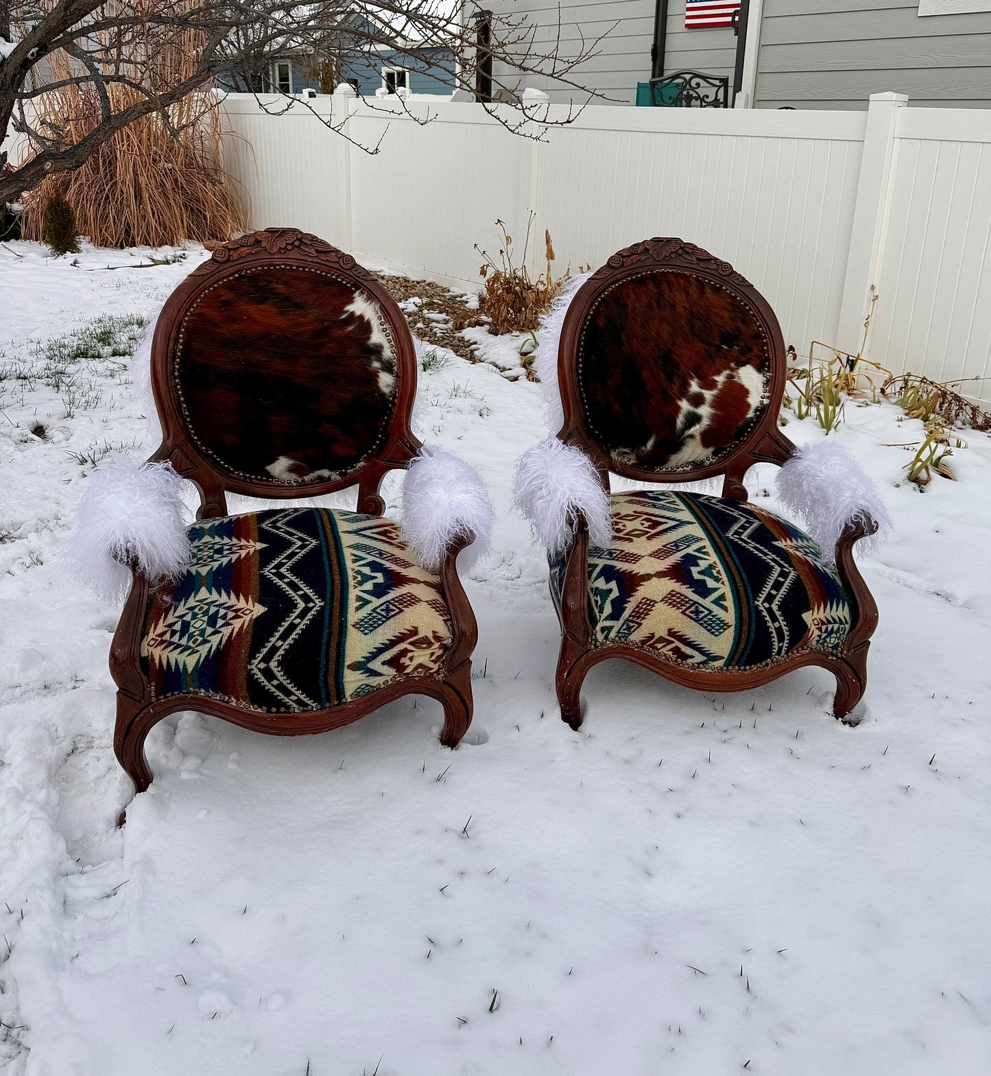 Tibetan Sheepskin, Brindle Cowhide & Wool Aztec Chairs