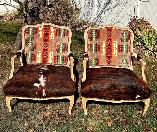 Brindle Cowhide and Pendleton Chairs