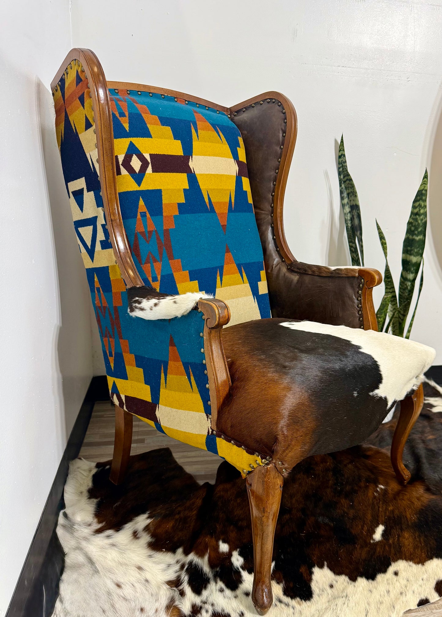 Pendleton and Cowhide Wingback Chair