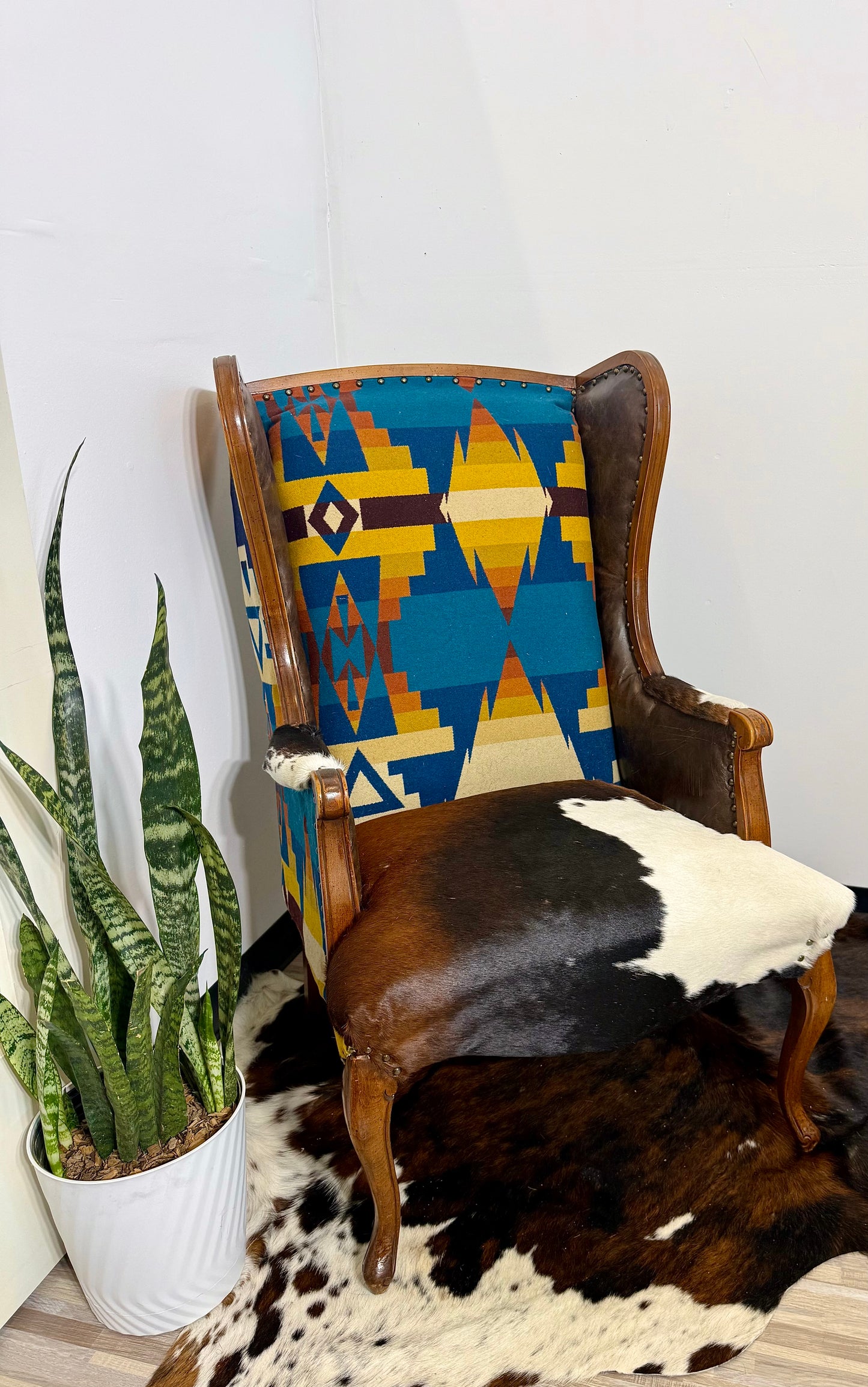 Pendleton and Cowhide Wingback Chair
