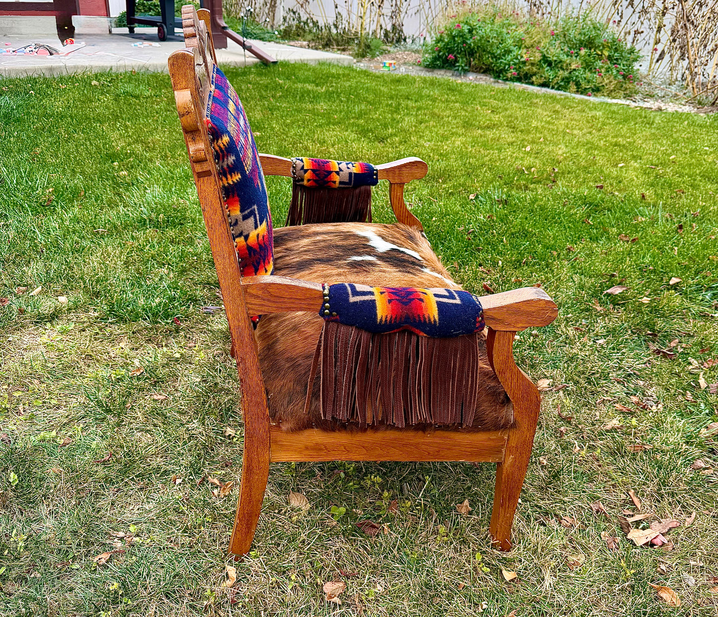 Cowhide and Pendleton Oversized Antique Chair