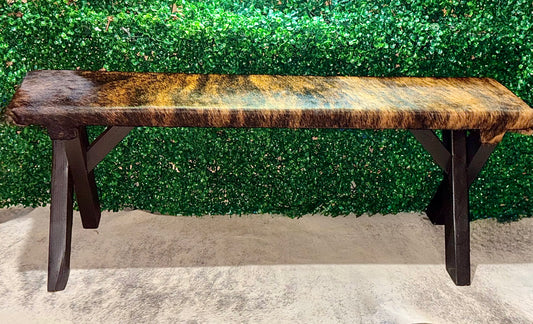 Brindle Cowhide Bench | Rustic Western Furniture | Handmade Entryway Seating