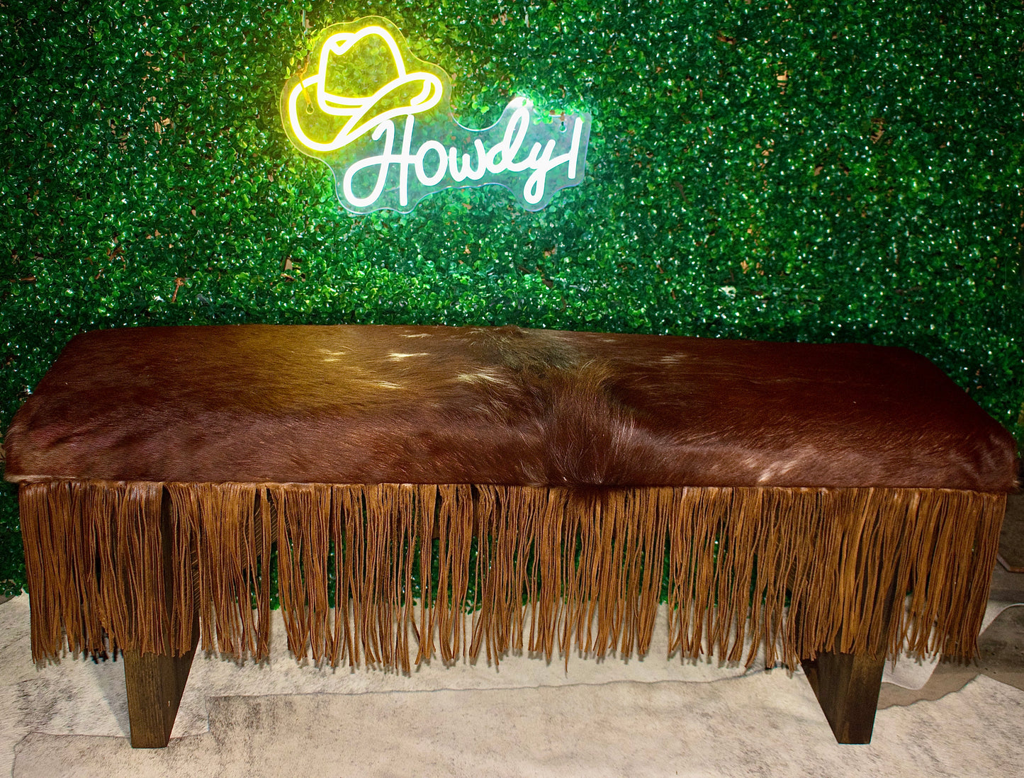 Cowhide Bench with Handmade Leather Fringe – Western Elegance Meets Rustic Soul