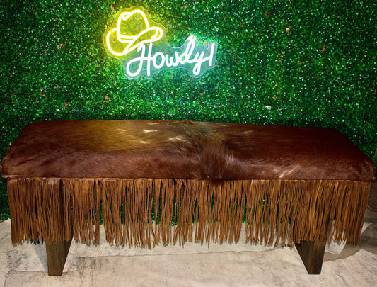 Cowhide Bench with Handmade Leather Fringe – Western Elegance Meets Rustic Soul