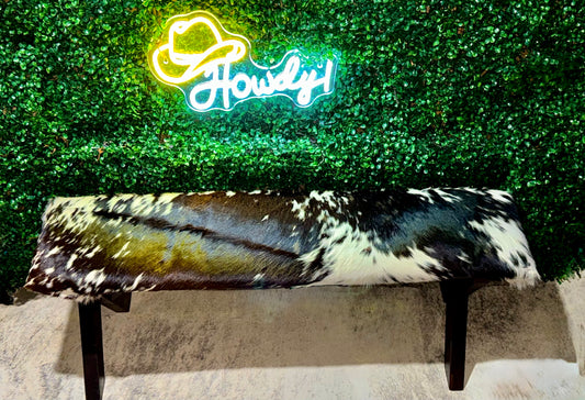 Speckled Cowhide Bench | Rustic Western Furniture | Handmade Entryway Seating