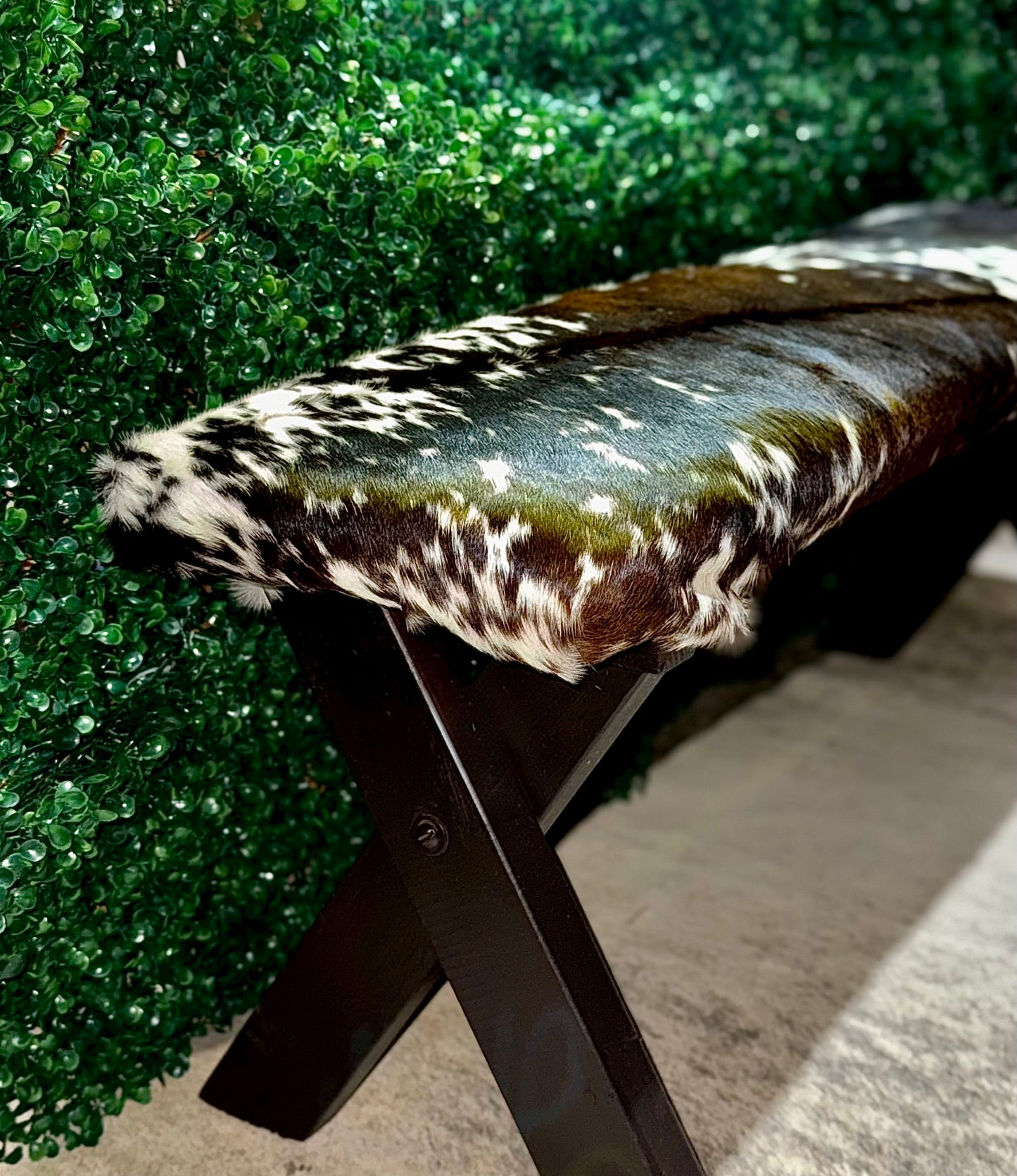 Speckled Cowhide Bench | Rustic Western Furniture | Handmade Entryway Seating